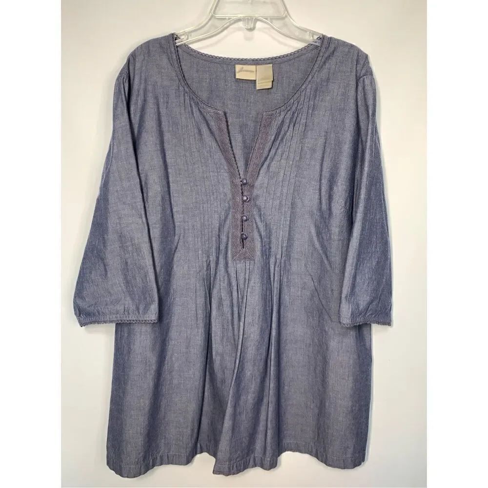 JH Collectibles Women's Split V-Neck Half Button Front Pleated Tunic Blue Large